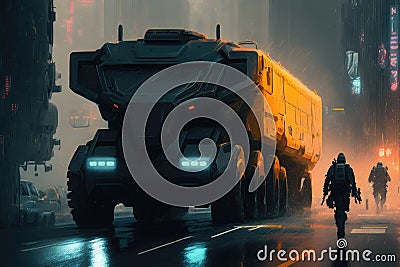 team of hackers and thieves pull off the heist of the century using a heavily-armored armored truck, racing through the Stock Photo