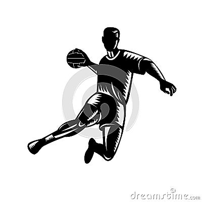 Team Handball Player Jumping Scoring Woodcut Black and White Vector Illustration