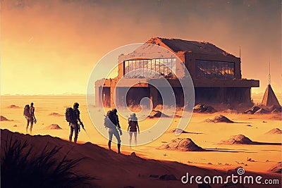 Group trekking across arid landscape towards enigmatic edifice. Illustration painting Stock Photo