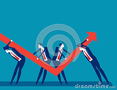 The Team holding arrow up as symbol of supporting business development. Solving problems and making right decisions Vector Illustration