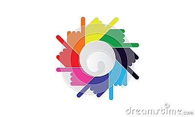 Team Logo Template Of Many Hands Together Group of people joining hands Vector Illustration