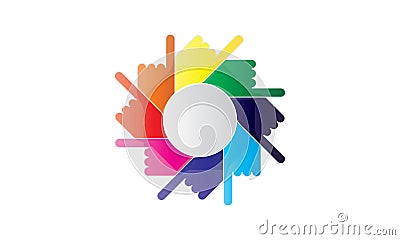 Team Logo Template Of Many Hands Together Group of people joining hands Vector Illustration