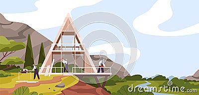 Team of male constructors building modern wooden house near river vector flat illustration. Group of craftsmen making Vector Illustration