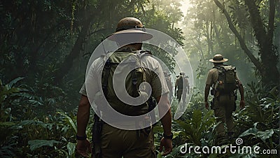 team of male explorers in khaki clothing travels through the lush jungle Stock Photo