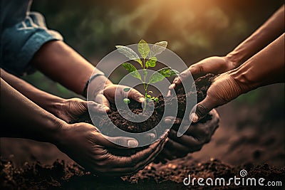 agriculture teamwork. farmers team hands plant a small plant in the ground soil, AI generated Stock Photo