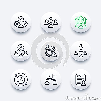 team management, HR, people interacting line icons Vector Illustration