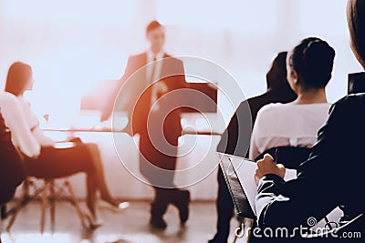 Team of Managers on Business Meeting in Office. Training in Office. Modern Office Concept. Cooperation with Colleagues. Stock Photo