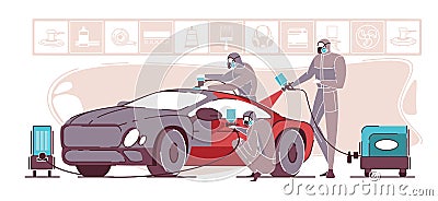 Team Masters in Uniform Polishing Vehicle Body. Vector Illustration