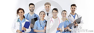 Team of medical workers on background. Health care workers Stock Photo