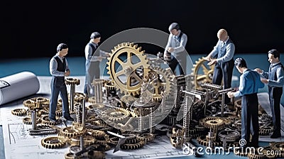 Team members, miniature people, are building a mechanical structure together. Teamwork, brainstorming, sharing ideas, and Stock Photo