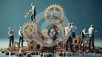Team members, miniature people, are building a mechanical structure together. Teamwork, brainstorming, sharing ideas Stock Photo