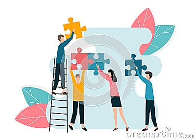 Team members working together to achieve common goal, doing puzzle together, vector illustration in flat style Vector Illustration