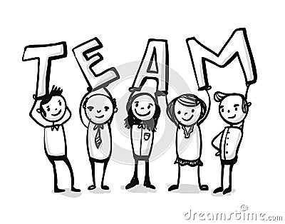 Team of men and women holding up TEAM Characters - doodle - digital hand drawn Vector Illustration