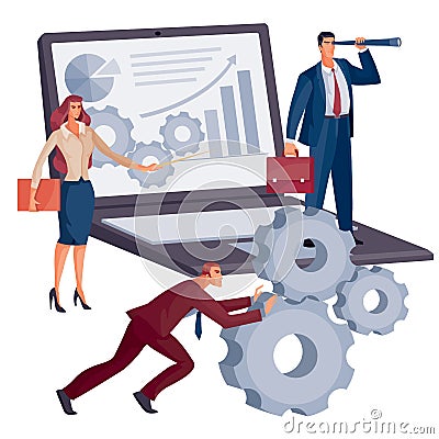 A team of men and women makes a presentation on a large laptop with charts and diagrams, a woman with a pointer a man Vector Illustration