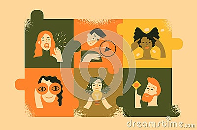 Team metaphor. Various People portraits on puzzles as symbol successfull team Vector Illustration