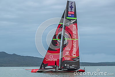 Team NZ Emirates hydrofoil sailboat practicing in Hauraki Gulf Editorial Stock Photo