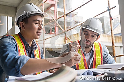 Team onsite of architecture inspector and discuss together Stock Photo