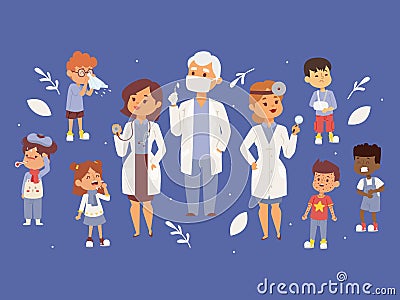 Team of pediatrician doctors with ill children banner vector illustration. Otorhinolaringologist physician with Vector Illustration