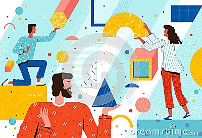 A team of people places abstract geometric shapes. The concept of cooperation, teamwork and team building. Characters Vector Illustration