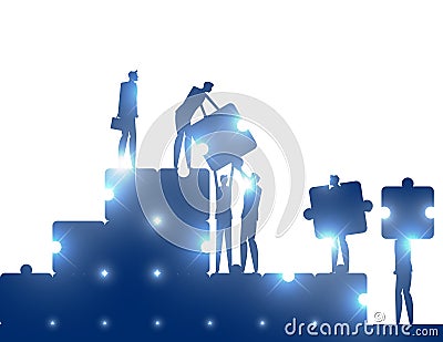 Team people putting puzzle pieces to growth. Finding solutions concept Vector Illustration