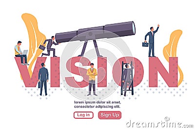 Team of people standing in big letters and looks in big telescope. Vector Illustration