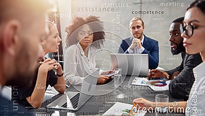 Team of people work together on company statistics in office. concept of t eamwork and partnership. Most important Stock Photo
