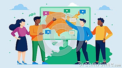 A team of policymakers stands in front of a massive map pinpointing areas of concern and implementing datadriven Vector Illustration