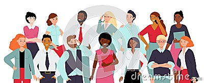 Team portrait. Smile diverse ethnic professionals in group. Corporate young coworkers together in office clothes. Decent Vector Illustration