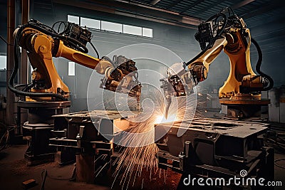 team of precision welding robots working together on complex metal structure Stock Photo