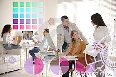 Team of professional designers working in office and colorful graphs Cartoon Illustration