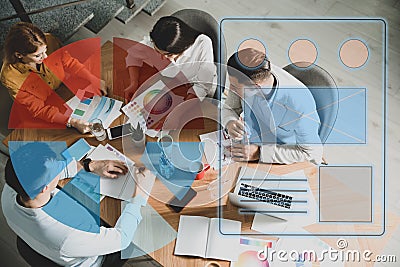 Team of professional designers working at table and colorful graphs illustration. Double exposure Cartoon Illustration