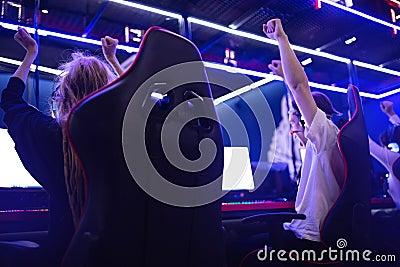 Team professional gamer playing winning tournaments online games computer Stock Photo