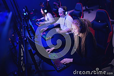 Team professional gamer playing winning tournaments online games computer Stock Photo