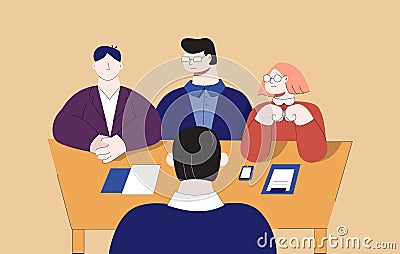 Team professional man and woman interviewing cartoon male job search vector flat illustration Vector Illustration