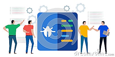 team of programmer developer looking for bug bugs malware error in coding debug software application Vector Illustration