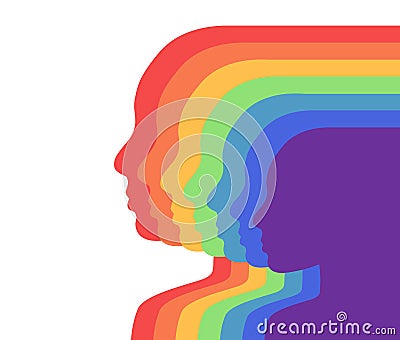 Team rainbow people in profile. Layered illustration. Unity and recognition of orientation. Colorful silhouettes. Vector template Vector Illustration