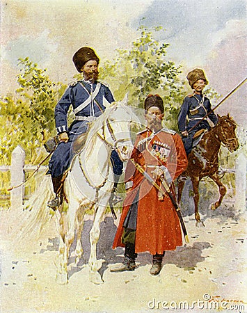 a team of Russian Cossacks, circa 1900 Cartoon Illustration