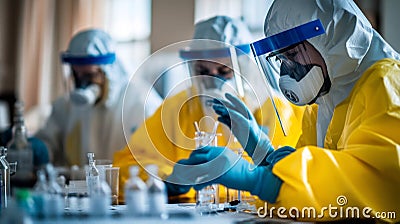 Team of Scientists in Protective Gear Conducting Experiments in Laboratory Setting with Precise Instruments and Safety Protocols Stock Photo