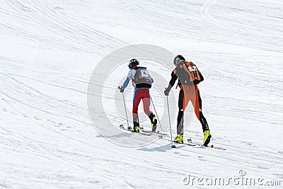 Team ski mountaineers climb the mountain on skis. Team Race ski mountaineering. Russia, Kamchatka Editorial Stock Photo