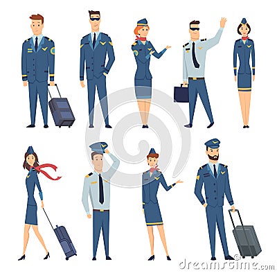 Team of smiling civilian aircraft stewardess, aircraft pilot, aircrew captain and aviators dressed in uniform. Cheerful Vector Illustration