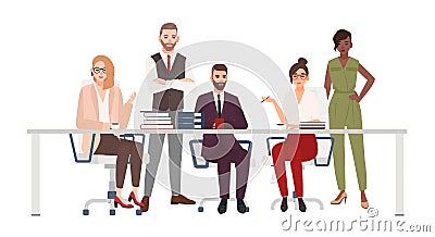 Team of smiling office workers sitting at desk and discuss work issues. Male and female managers at brainstorm meeting Vector Illustration