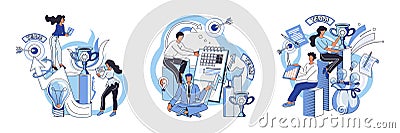 Team solving problems Project completed, work done, test, option approved, document checked Vector Illustration