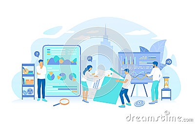 A team of specialists analyzes documents, graphics, charts. Analytics, analysis, analyzing, data processing, success strategy. Wor Vector Illustration
