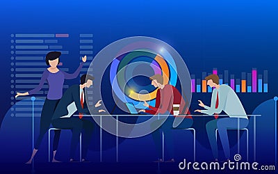 Team of specialists working on digital marketing strategy, digital analysis, profit concept. Blue violet background Vector Illustration