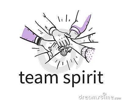 Team spirit concept with human hands holding together isolated on white background. Vector Illustration