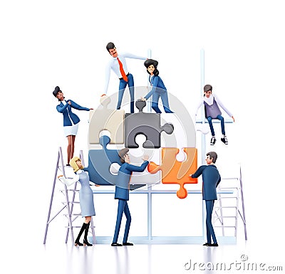 Team of successful business people works with puzzle pieces. Working together, help, support, financial advisory Stock Photo