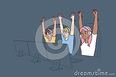 Team of teenagers esports or gamers have won multiplayer video game and are raising hands in triumph Vector Illustration