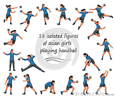 Thai or Japanese girls playing women's handball in blue T-shirts in various poses training, running, jumping, throwing th Vector Illustration