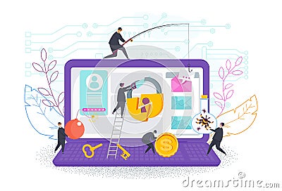 Team of thieves hacks access code to information on the computer. Vector Illustration
