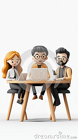 A team of three animated characters collaborating at a desk with laptops and a notebook showcasing teamwork and creativity Stock Photo